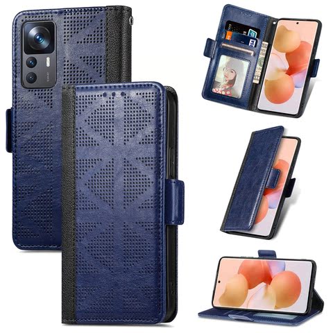 Blue — Diamond Pattern Wallets Folio Flip Magnetic Synthetic Leather Card Holder Folding Stand 12T, 12T Pro Phone Case