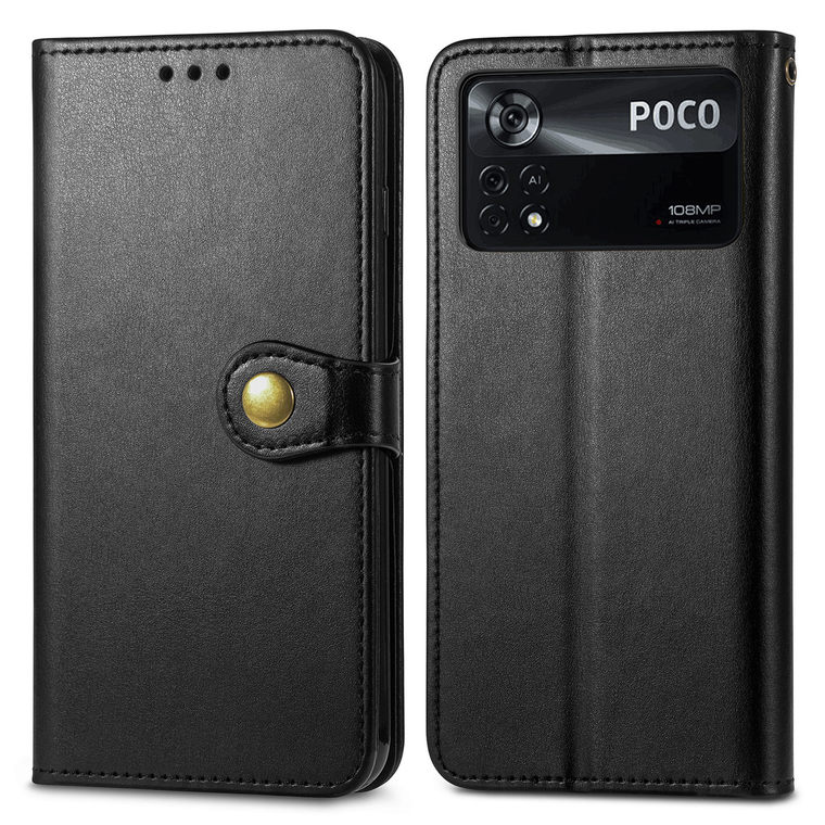 POCO M4 Pro Wallets Folio Flip Rivet Magnetic Synthetic Leather Card Holder Folding Stand Phone Case