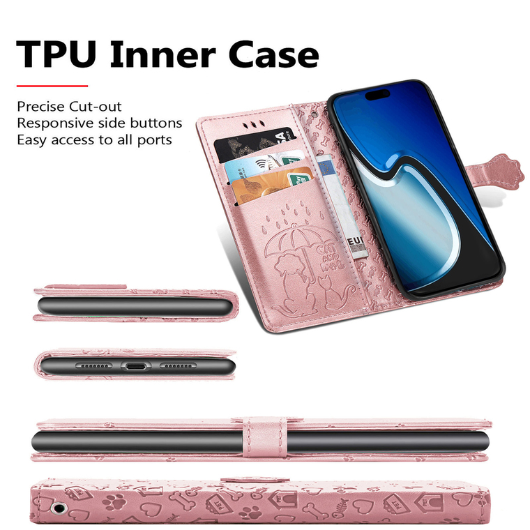 Pink Leather Embossed Cat Dog Paw Print Wallet iPhone Case
