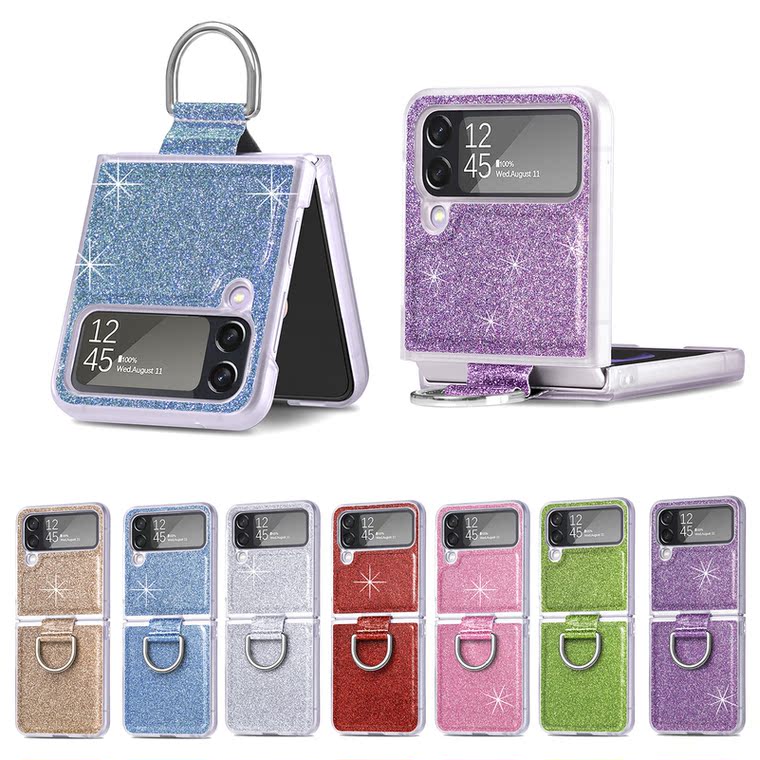 Z Flip4 Girls Shiny Glitter Bling Synthetic Leather Wirt Ring Finger Holder Samsung Phone Case