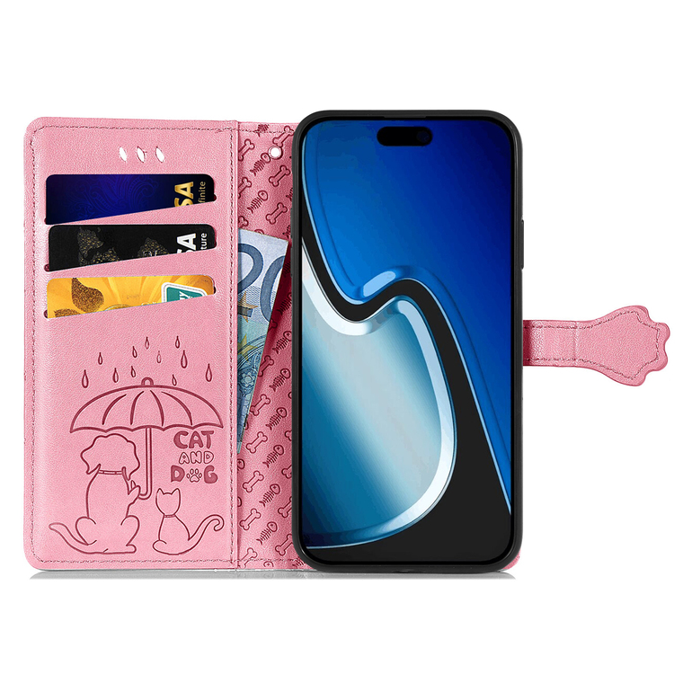 Pink Leather Embossed Cat Dog Paw Print Wallet iPhone Case
