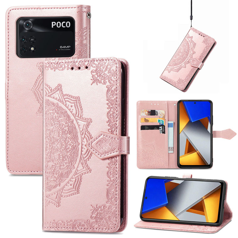 POCO M4 Pro Wallets Folio Flip Embossed Mandala Flower Magnetic Synthetic Leather Card Holder Folding Stand Phone Case