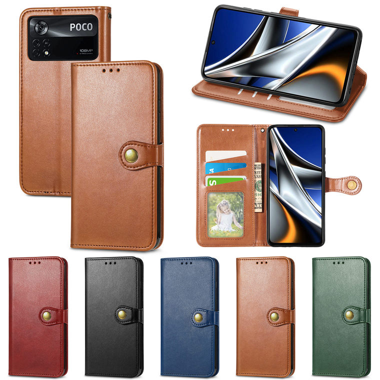 POCO M4 Pro Wallets Folio Flip Rivet Magnetic Synthetic Leather Card Holder Folding Stand Phone Case