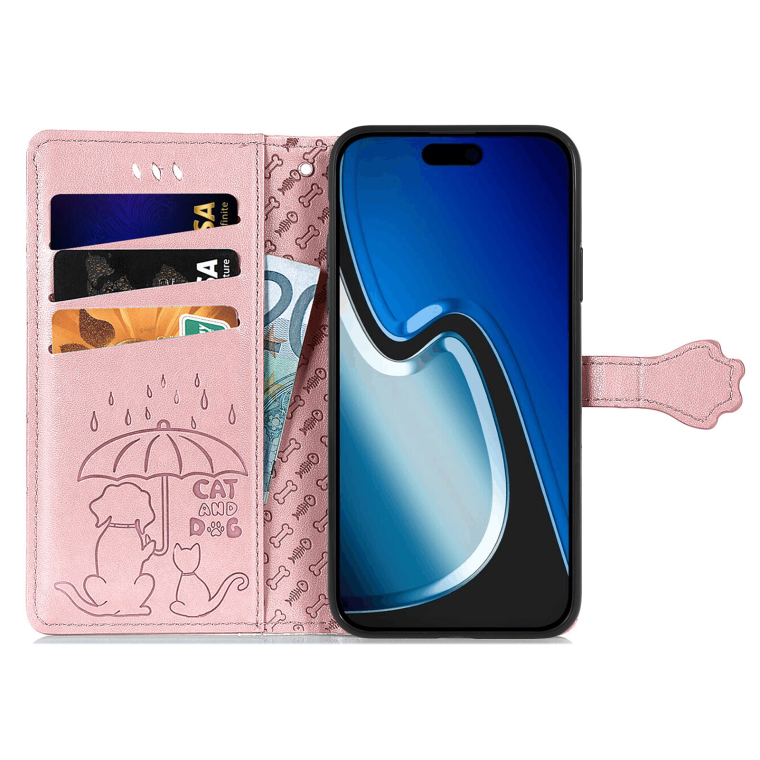 Pink Leather Embossed Cat Dog Paw Print Wallet iPhone Case
