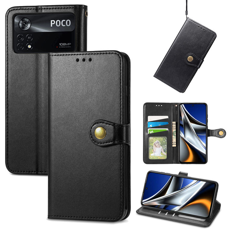 POCO M4 Pro Wallets Folio Flip Rivet Magnetic Synthetic Leather Card Holder Folding Stand Phone Case