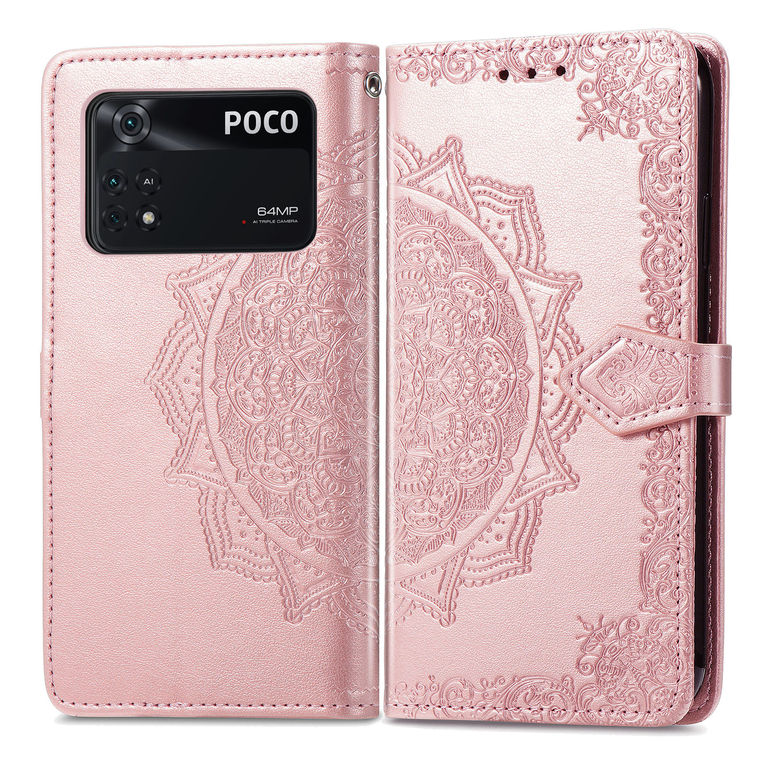 POCO M4 Pro Wallets Folio Flip Embossed Mandala Flower Magnetic Synthetic Leather Card Holder Folding Stand Phone Case
