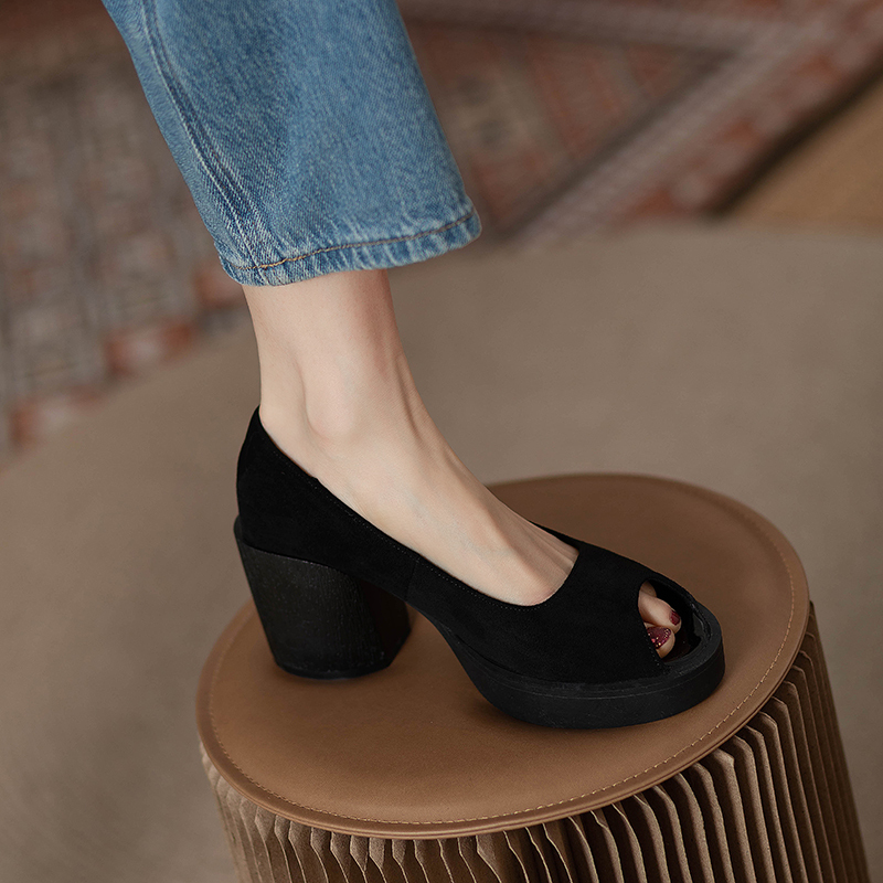 2026 Spring/Summer New Genuine Leather Thick-Soled Waterproof Platform Chunky Heel Peep-Toe Sandals for Women, Black Wedge Versatile High Heels