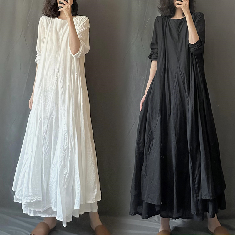 Genuine Surplus from Foreign Trade Export, Black and White Minimalist Style, Round Neck Pullover, Long Sleeve, Long Dress, Thin Cotton Long Dress, Robe