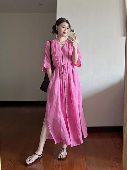 Marque retirée vêtements pour femmes comptoir coton et lin chemise rayée cardigan ramie robe été français col en v jupe longue