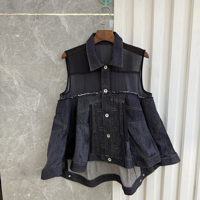 2025 Spring/Summer Niche Heavy-Duty Washed Denim Patchwork Mesh Polo Collar Vest Jacket Doll Sacai Shirt 2025 Spring/Summer Niche Heavy-Duty Washed Denim Patchwork Mesh Polo Collar Vest Jacket Doll Sacai Shirt