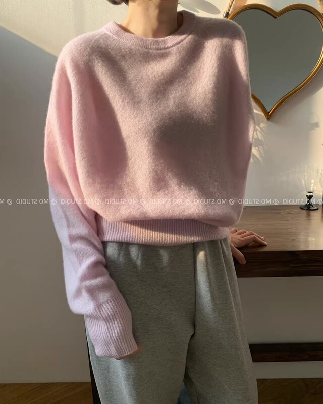 Pink Pullover Sweater, Soft Raccoon Fur, Women's Autumn and Winter Loose and Lazy Outerwear Knitwear, Round Neck Korean Style Top