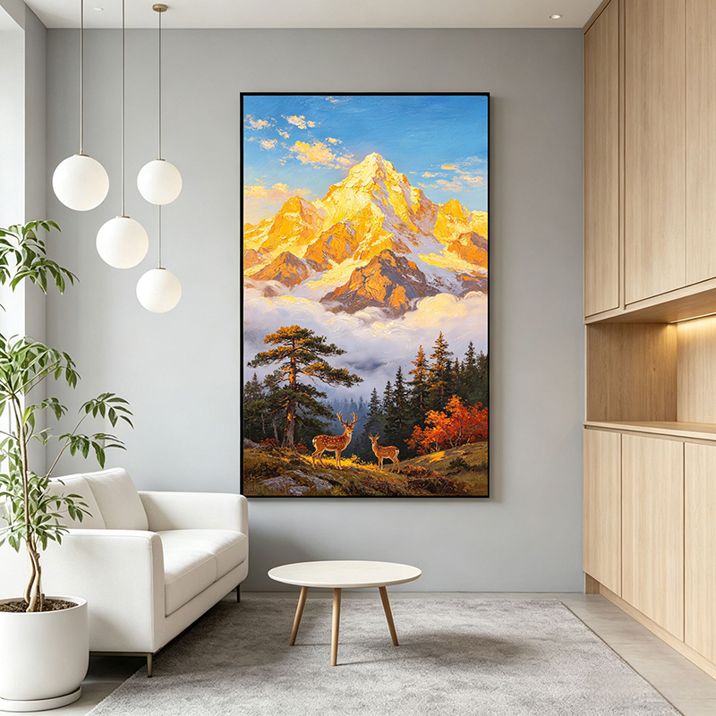 Sunlight on Golden Mountain Hand-Painted Oil Painting Living Room Decorative Painting Entrance Hallway Landscape Painting with Mountain and Waterless Landscape Wall Art
