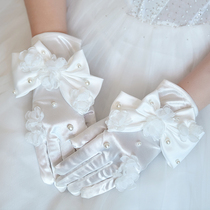 Bride wedding white gloves satin short Pearl bow silk flower Super fairy white wedding dress accessories