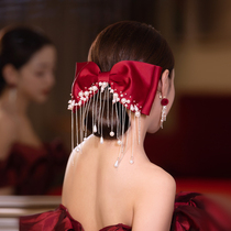 Red bridal headdress simple atmospheric bow tassel low ponytail back head hairclip jewelry female pearl hair accessories
