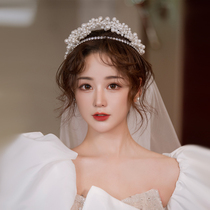 Bride headdress Pearl Double Crown simple atmosphere Korean wedding dress accessories Super fairy fashion crown