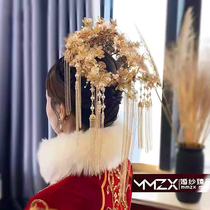 Classical Chinese style phoenix crown new costume flower jewelry atmospheric beauty hair accessories golden tassel dragon and phoenix gown accessories