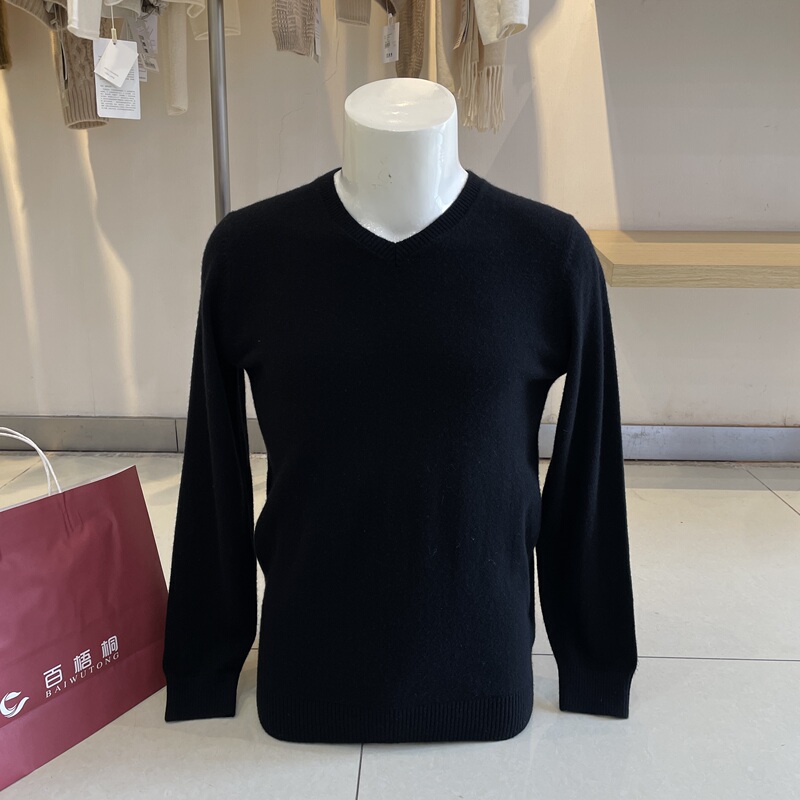 Clearance Sale! Kliya Genuine Men's V-Neck Thin Cashmere Sweater Pullover Versatile Black Warm Sweater for Winter