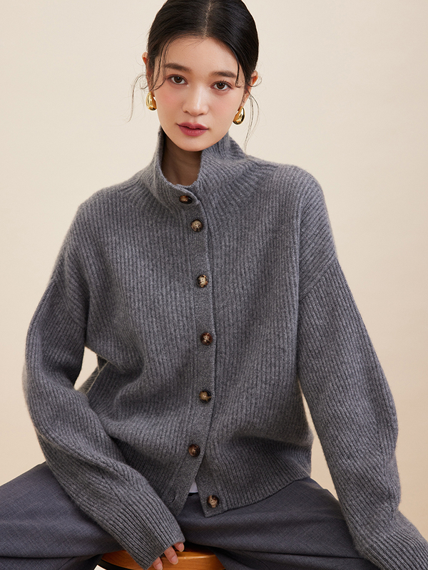 Special! 7-Needle Double-Thread Yuanbao Stitch Consinee Aurora Yellow Horn Button Lamb Leg Sleeve Pure Cashmere Knitted Cardigan for Women