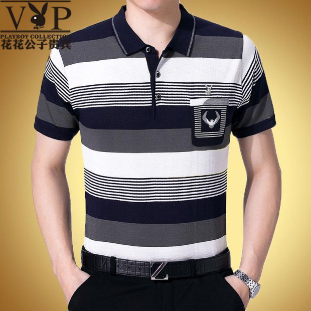 Mùa hè trung niên nam ngắn tay áo thun nam trung niên cotton mỏng phần ve áo lỏng lẻo sọc bố áo thun unisex