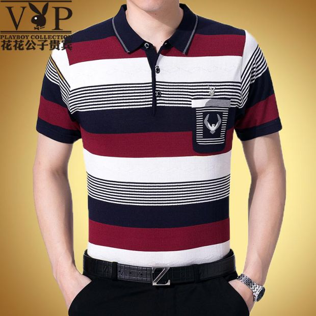 Mùa hè trung niên nam ngắn tay áo thun nam trung niên cotton mỏng phần ve áo lỏng lẻo sọc bố áo thun unisex