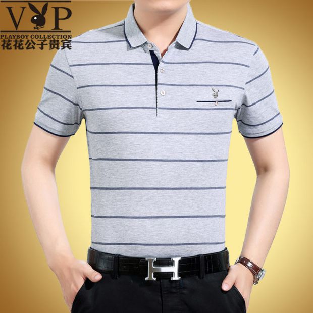 Mùa hè trung niên nam ngắn tay áo thun nam trung niên cotton mỏng phần ve áo lỏng lẻo sọc bố áo thun unisex