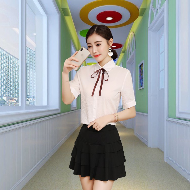 quần áo vườn giáo viên mẫu giáo phiên bản Hàn Quốc thời trang đôi cổ áo sửa quần của phụ nữ váy quần áo giáo viên trẻ đang lớn quần áo làm việc giáo viên mùa hè