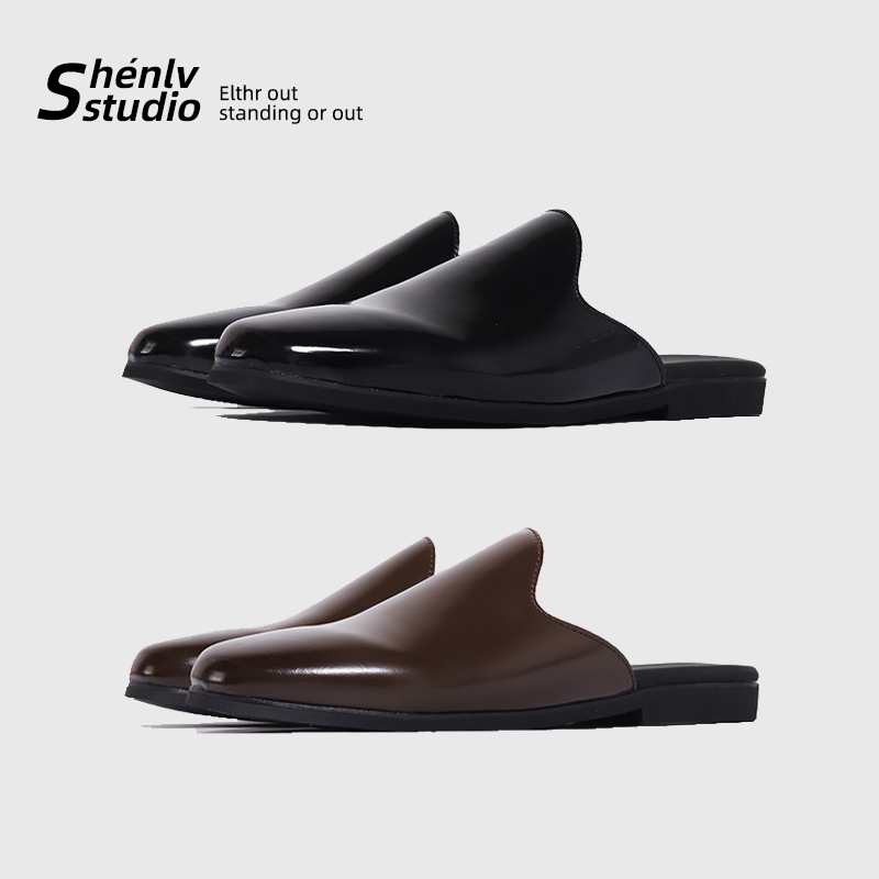 Shenlv Studio Lazy Mules Genuine Leather Closed-Toe Birkenstock Slippers Men's Slip-On Thin-Soled Half-Slip Leather Shoes