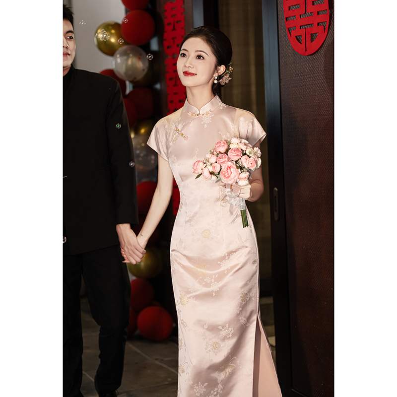 Ruojin Suzhou Traditional Half-Open Front Cheongsam Pink Chinese-Style Bride's Toast Dress Engagement Dress Women's Wedding Casual Wear