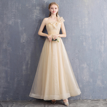  Dress skirt female 2021 new champagne gold dignified atmosphere bandeau mid-length bridesmaid host banquet evening dress