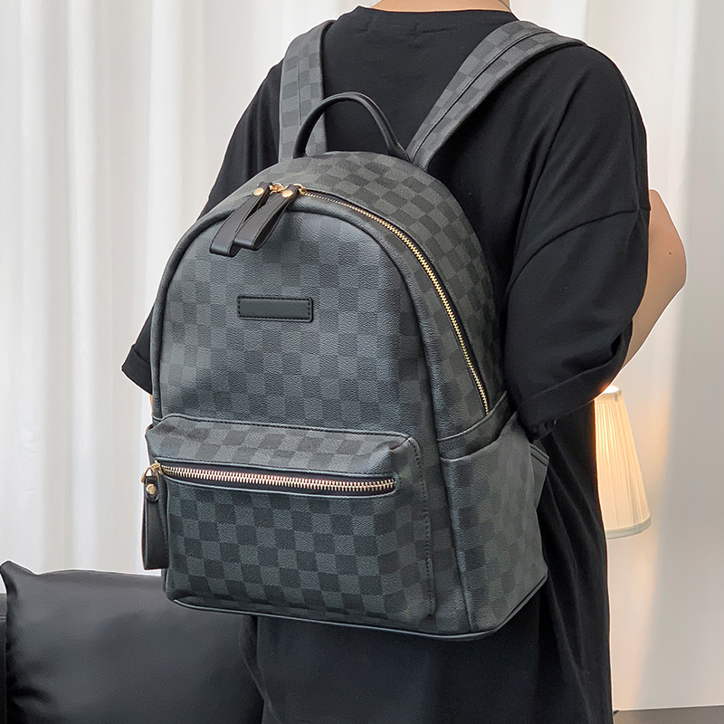 Backpack men's bag tide brand classic leather plaid backpack trend street fashion Korean version of the student school bag computer bag