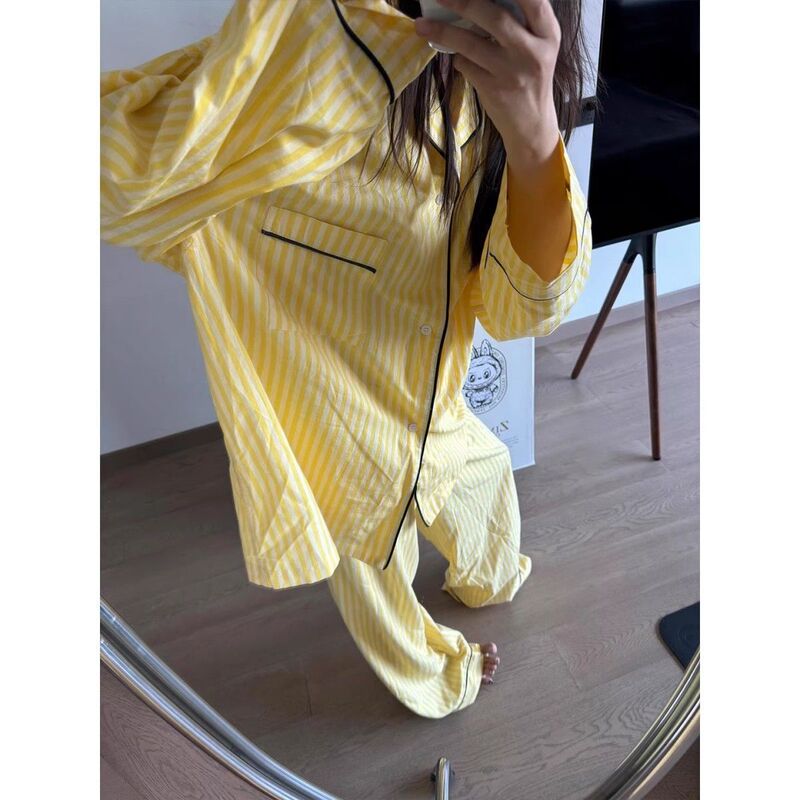 Casual Yellow Striped Cloud Cotton Pajamas 2025 New Spring and Autumn Long-Sleeved Long Pants Lazy Style Home Wear Set