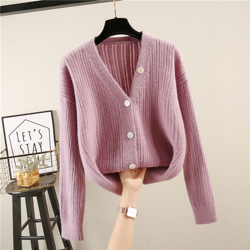 Lavender2020 autumn new pattern knitting Cardigan female jacket loose coat Wear Korean version easy have cash less than that is registered in the accounts sweater female Long sleeve Solid color