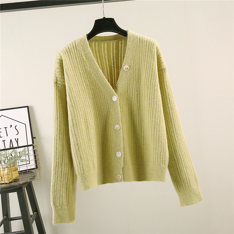 Mustard Green2020 autumn new pattern knitting Cardigan female jacket loose coat Wear Korean version easy have cash less than that is registered in the accounts sweater female Long sleeve Solid color