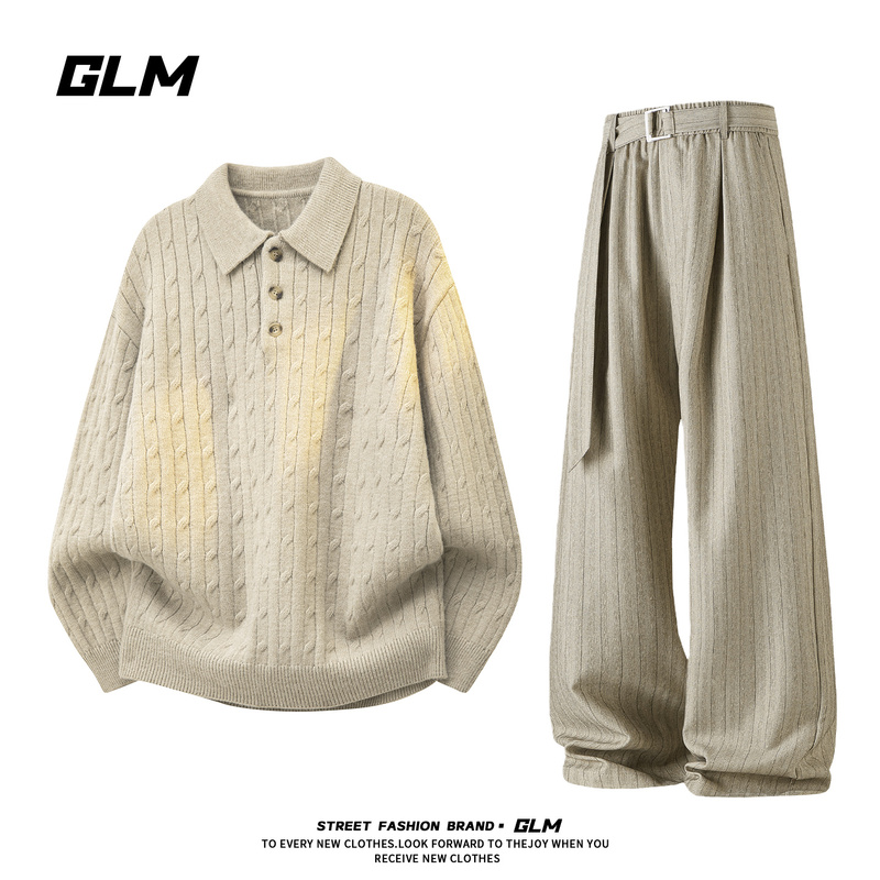 Glm Old Money Style Cable Knit Texture Knit Suit for Men, Autumn Twist Sweater Long-Sleeve Outfit for Teenagers, Two-Piece Set