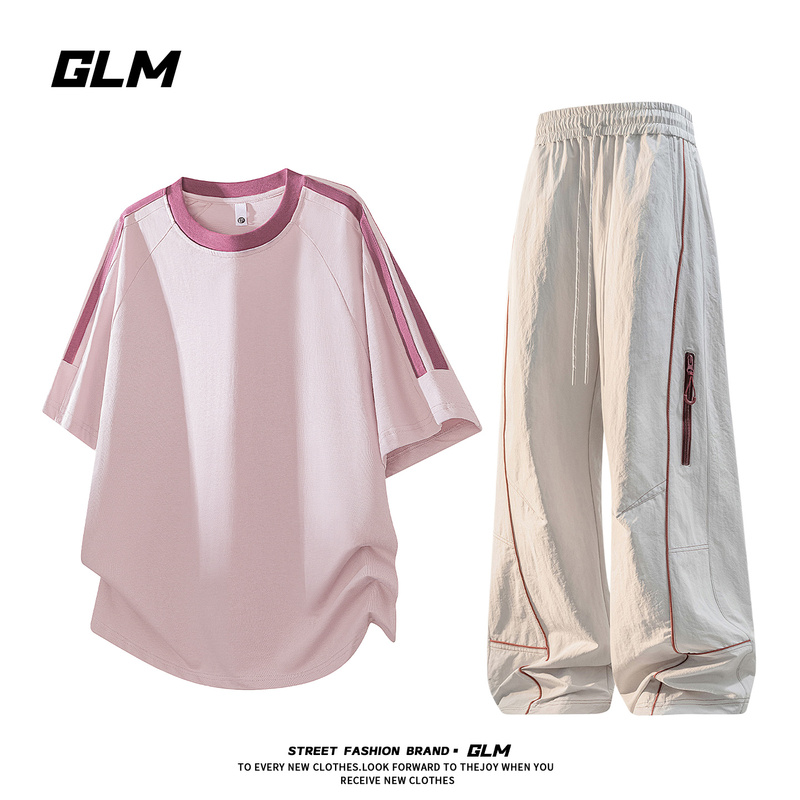 Glm Patchwork Pure Cotton Short-Sleeved Sports Suit for Men and Women, Summer Loose Casual Two-Piece Set, Trendy Brand Men's Outfit T-Shirt Glm Patchwork Pure Cotton Short-Sleeved Sports Suit for Men and Women, Summer Loose Casual Two-Piece Set, Trendy Brand Men's Outfit T-Shirt