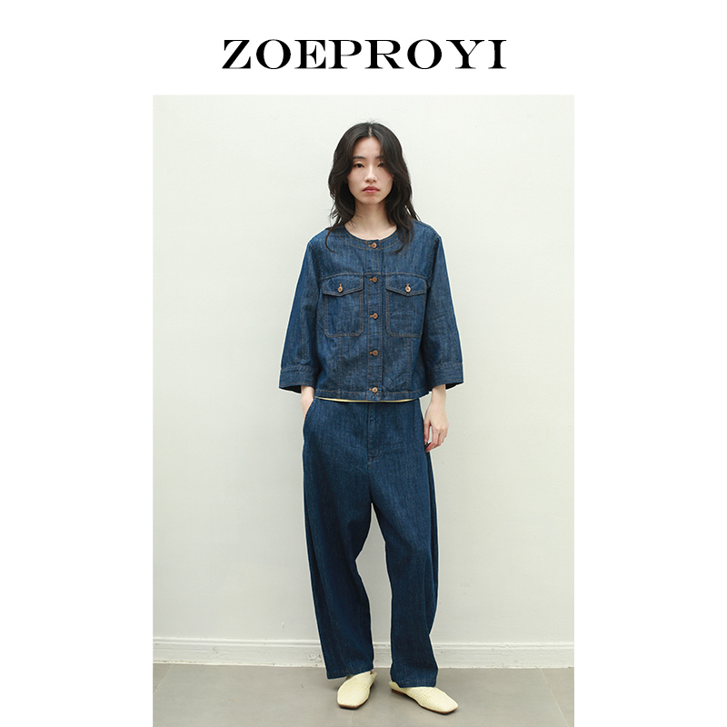 Dongma Shengse Classic Simple Hemp Denim Jacket with Small Round Neck, Loose Fit, Drop Shoulder, Nine-Quarter Sleeves Denim Top for Women