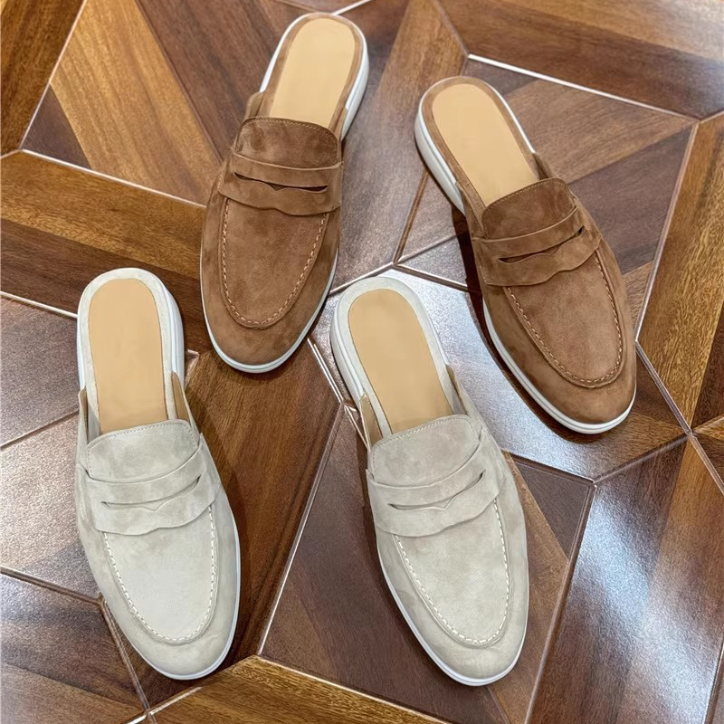 European Style Summer Suede Sheepskin Closed-Toe Half Slippers for Men, Comfortable Casual Leather Flat Half Mules