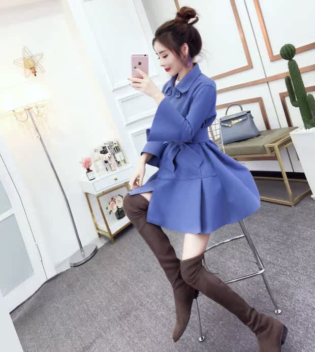 Thời trang Hàn Quốc phiên bản lưới màu đỏ tay áo thắt nơ hai dây thắt eo mỏng manh trong phần dài của áo khoác len để gửi thắt lưng áo dạ dáng dài hàn quốc