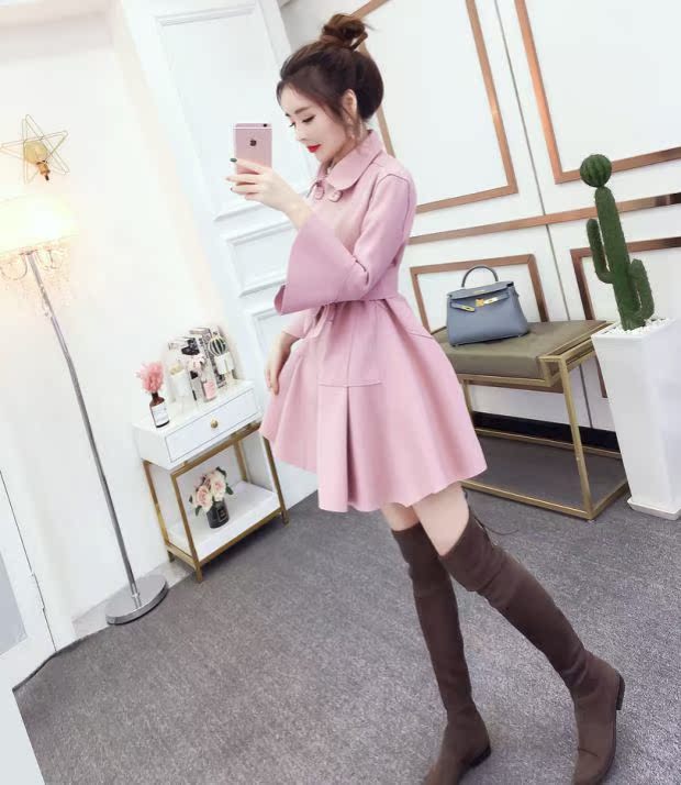 Thời trang Hàn Quốc phiên bản lưới màu đỏ tay áo thắt nơ hai dây thắt eo mỏng manh trong phần dài của áo khoác len để gửi thắt lưng áo dạ dáng dài hàn quốc