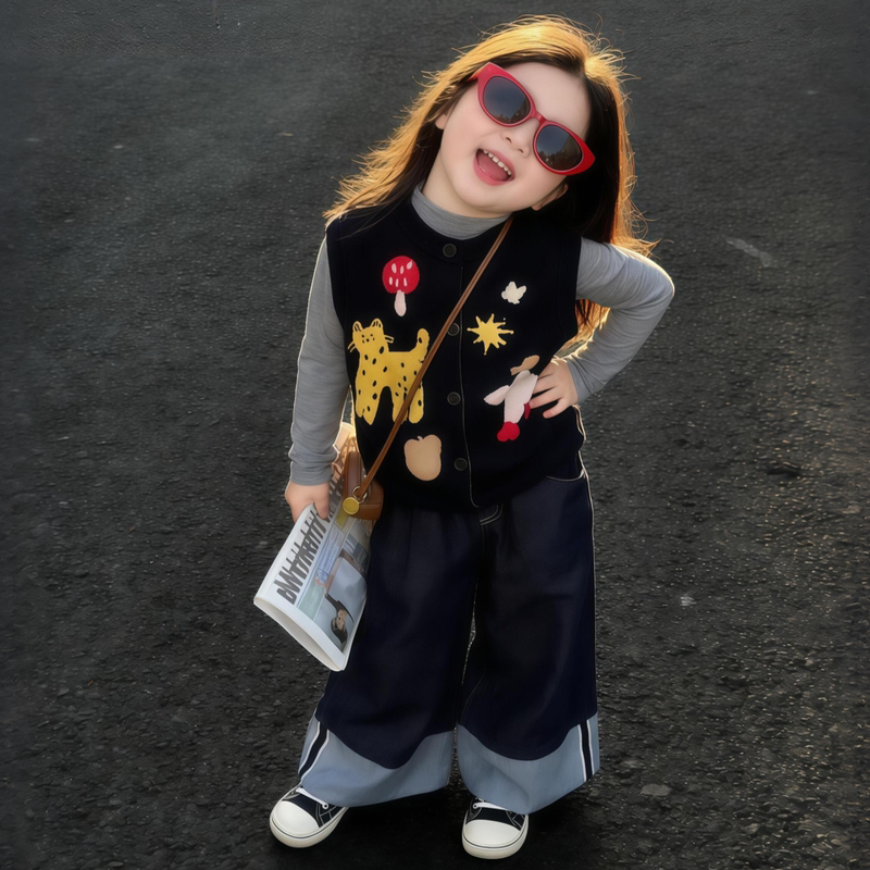 Shanmo Cartoon-Style Navy Blue Knitted Vest for Children, Versatile Animal Pattern Vest Top for Autumn and Winter, Unisex