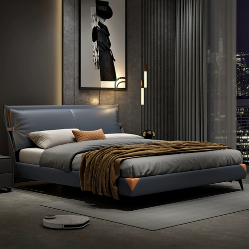Итальянская минималистичная кожаная кровать, двуспальная кровать, современная минималистская светлая главная спальня, роскошная скандинавская мягкая упаковка, американская свадебная кровать с пневматическим хранилищем