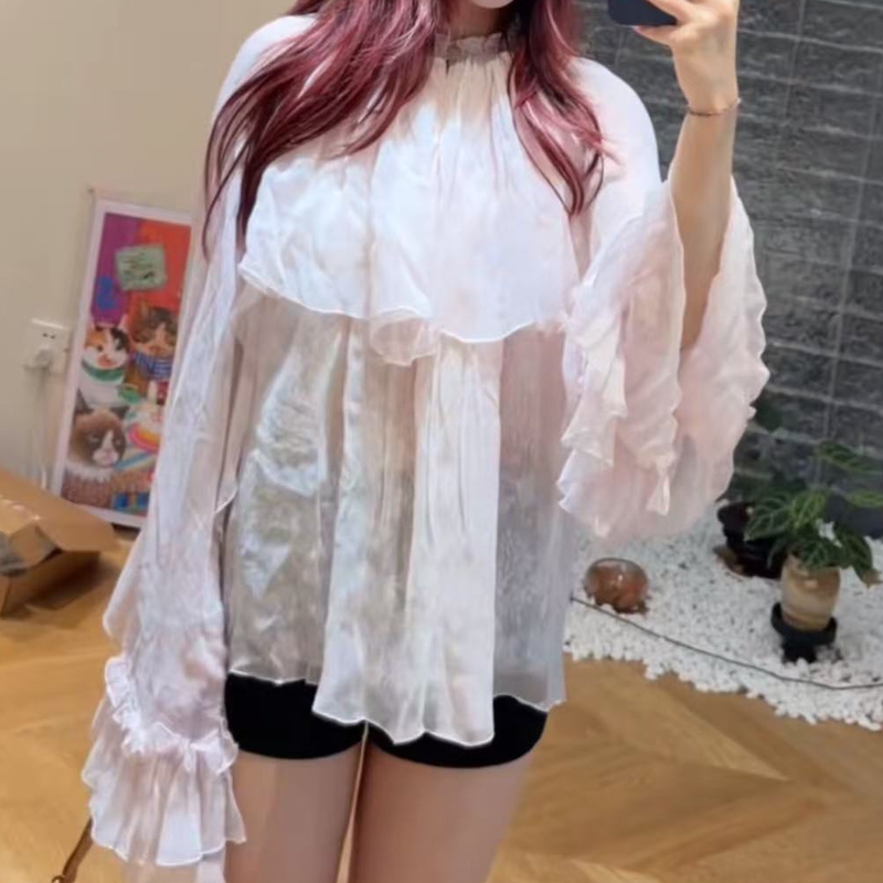 Homebody Style French Pink Lace Ruffle Long-Sleeve Rayon Top for Women 2026 Spring/Summer New Arrival