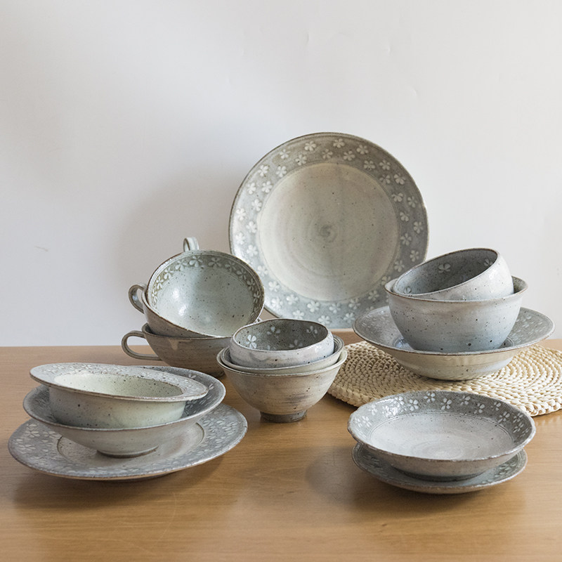 Small Aoigawa Machiya Japan imported Gwangyang pottery flower Mishima rough pottery powder lead breakfast cup plate soup rice bowl small bowl