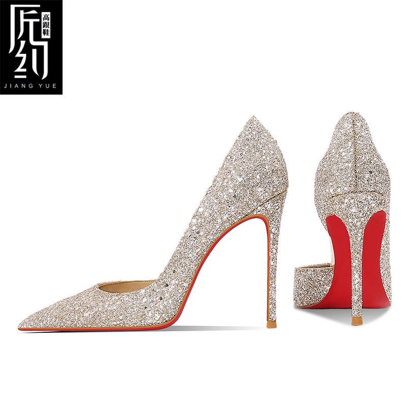 New Style Sequin Gold Side-Cut Red-Soled High Heels for Women, Pointed Toe, Stiletto Heel, Shallow Mouth, Sexy Socialite, Elegant Lady Wedding Shoes New Style Sequin Gold Side-Cut Red-Soled High Heels for Women, Pointed Toe, Stiletto Heel, Shallow Mouth, Sexy Socialite, Elegant Lady Wedding Shoes