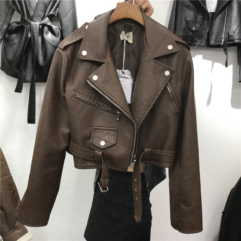 2020 - New European and American fix slim tied pu jacket locomotive short - cut street leather coat woman