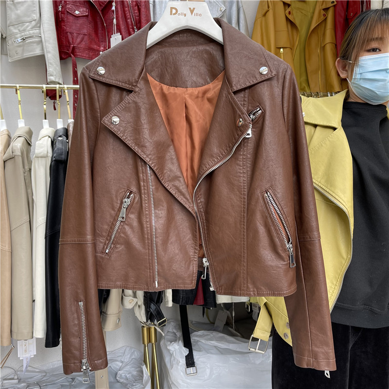 2021 Spring new Korean version Fashion Short Locomotive Pu Leather Jacket Sashimi 100 Ride-up Street Collar Leather Jacket Woman