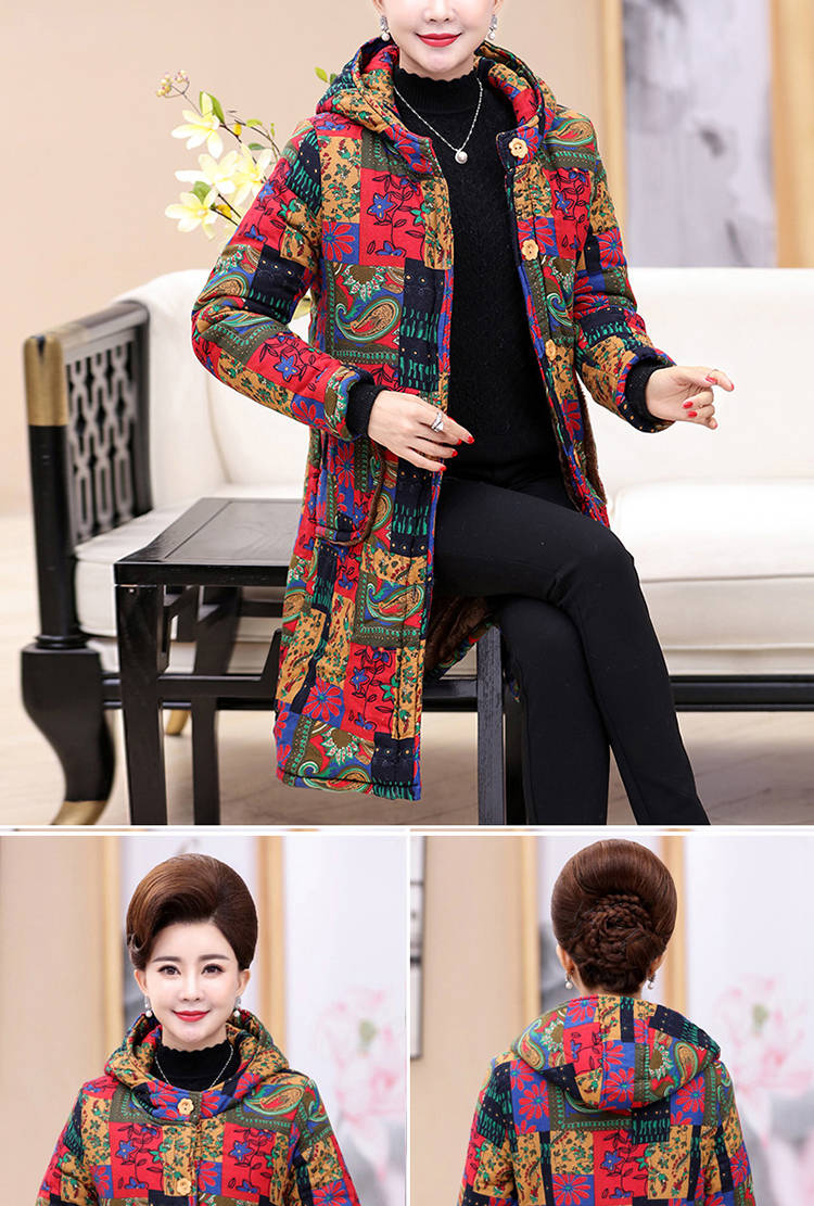 Cộng với áo nhung dày trung niên hoa cotton nữ béo mẹ mùa đông quần áo cotton áo khoác cotton trong đoạn dài cỡ lớn gió dân tộc áo khoác nữ hàn quốc