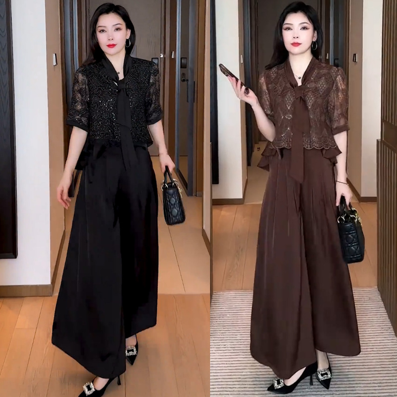 Detachable Jumpsuit Set for Women 2026 New Summer Stylish Slimming Lace Top with Zipper and Wide-Leg Pants