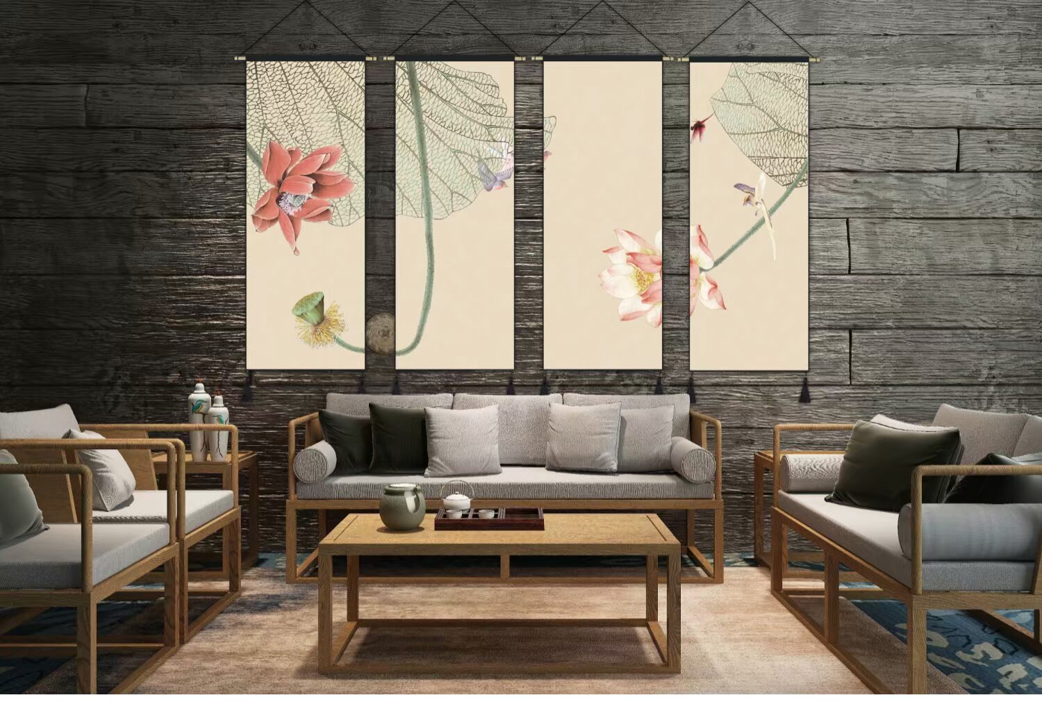 Mới phong cách Trung Quốc vần phong cách Trung Quốc vải sơn phòng khách trang trí tường bốn bức tranh phòng ngủ đầu giường treo tấm thảm - Tapestry thảm thêu trang trí
