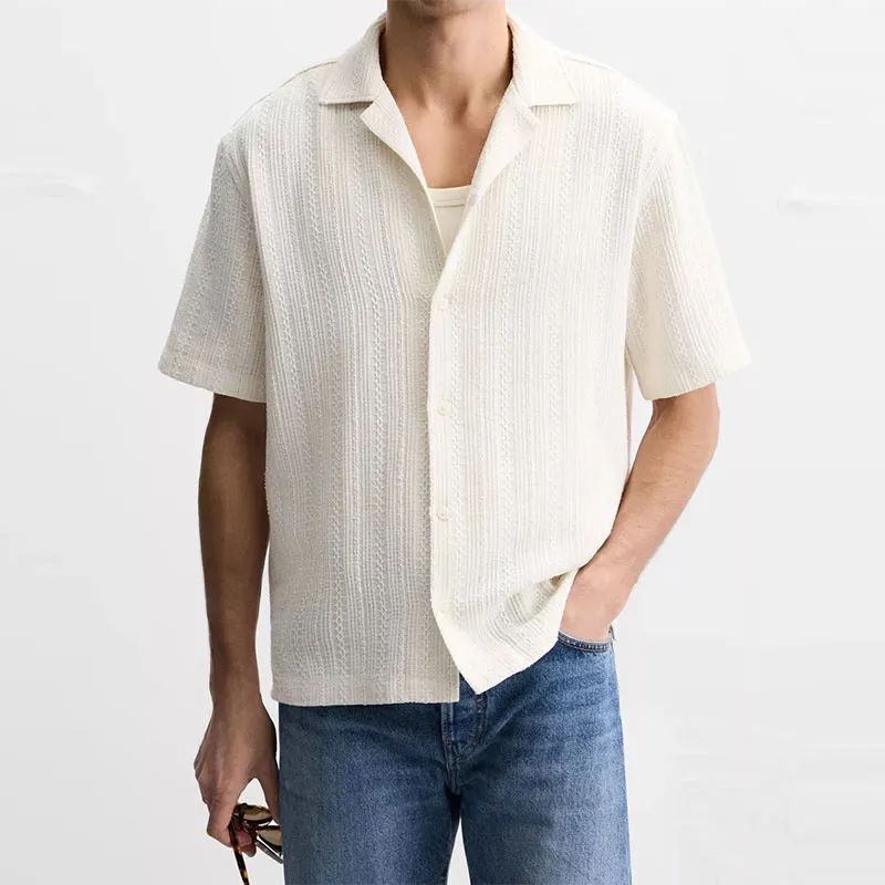 2025 Summer New Men's Striped Textured Slim Straight Short-Sleeved Casual Shirt and Shorts 415915